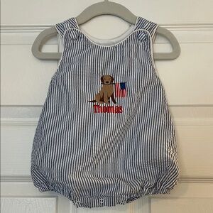 Blue and White Striped Seersucker Bubble with Thomas and Dog Embroidery